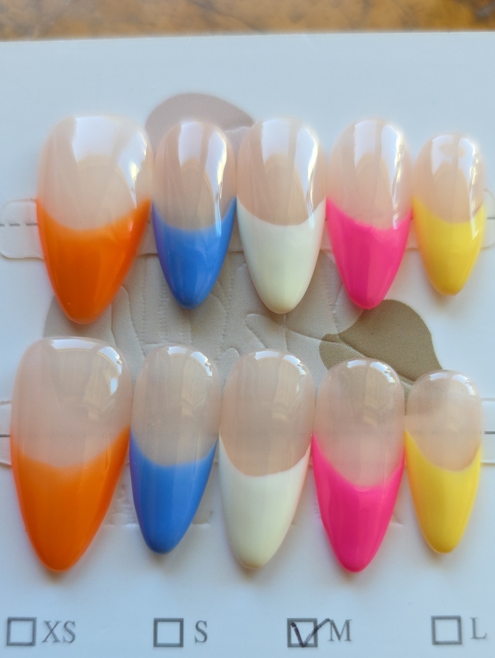 False Nail Set with Multicolor Tips - Pink, Blue, Orange, Yellow, White Size Med